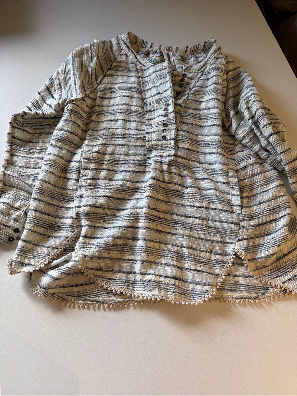 Free People Cream and Blue Striped Henley Tunic